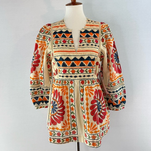 Sundance Tops - Sundance Zariah Orange Blue Cream Beaded Floral Print Blouse
